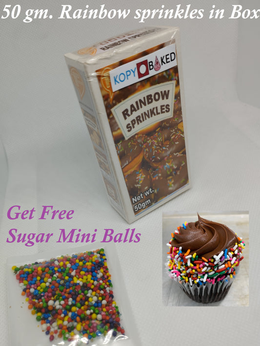50 gm. Box of Rainbow sugar sprinkles multi-color FDNC color sprinkles food grade excellent bright color use for topping on cake, donuts, ice-cream, milk shake, pastries, cupcakes, also for confectionery purposes